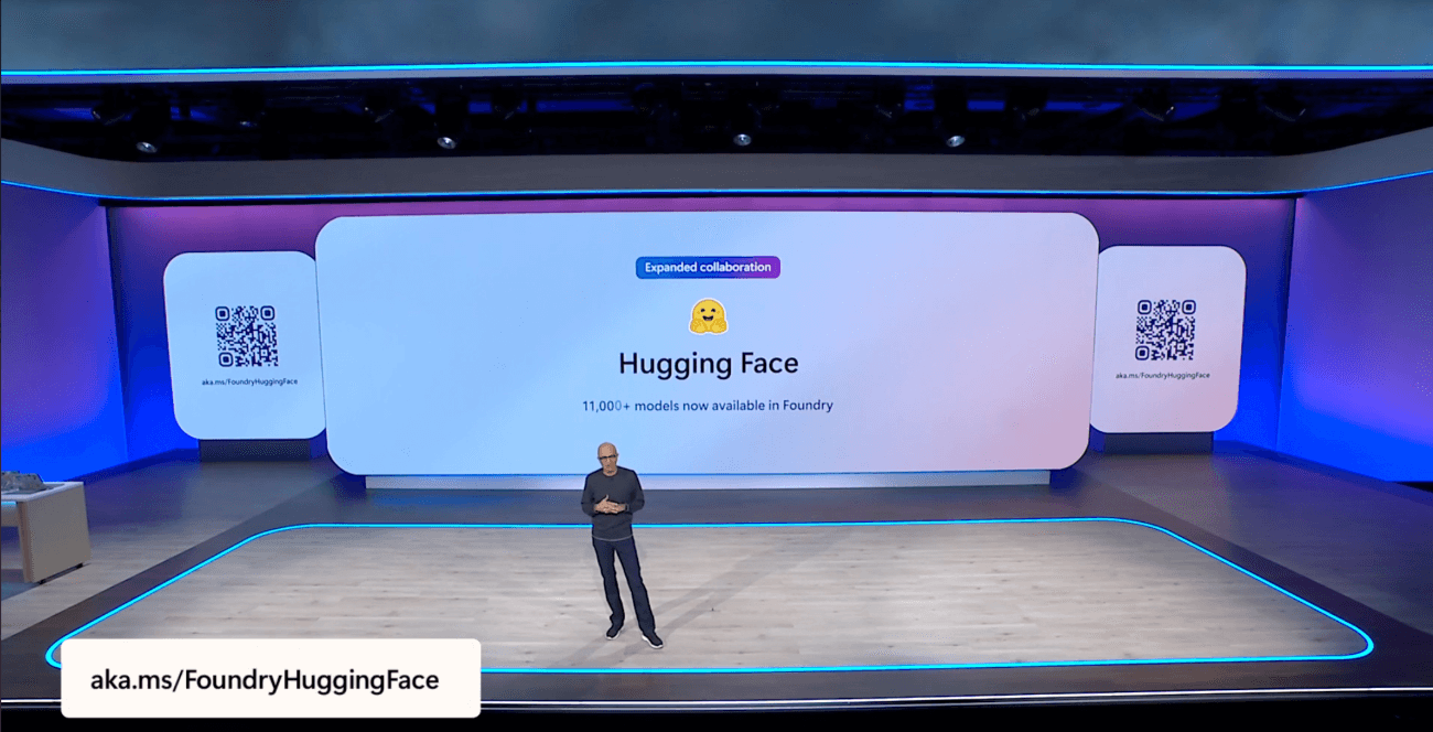 Satya Nadella announcing an expanded collaboration with Hugging Face at Microsoft Build