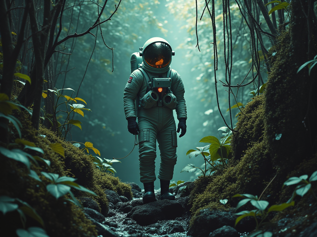 Astronaut in a jungle, cold color palette, muted colors, detailed, 8k